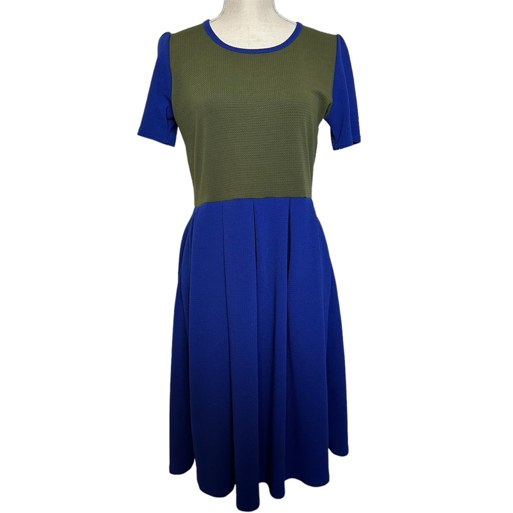 LULAROE Amelia Dress Size Large L Round Neck Pleated Waist Fit & Flare Pockets